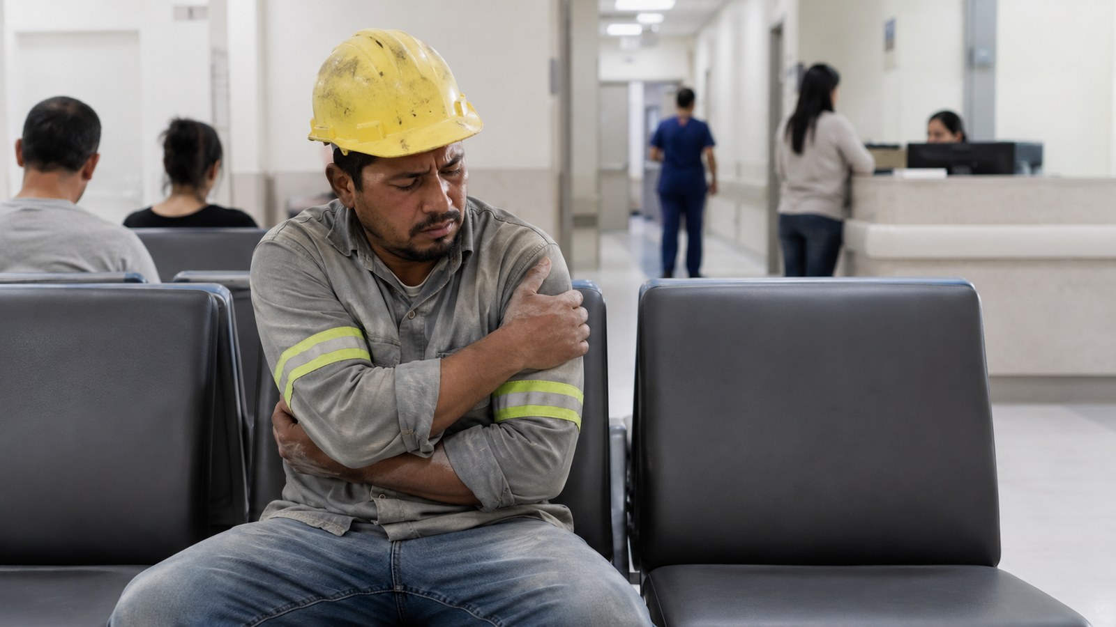 Capacete de segurança, luvas e documentos relativos a acidente de trabalho