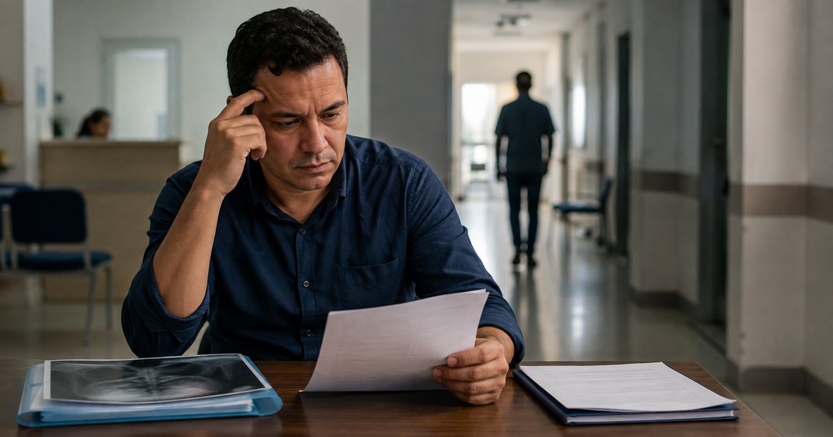 Trabalhador com documento médico em situação de afastamento do trabalho
