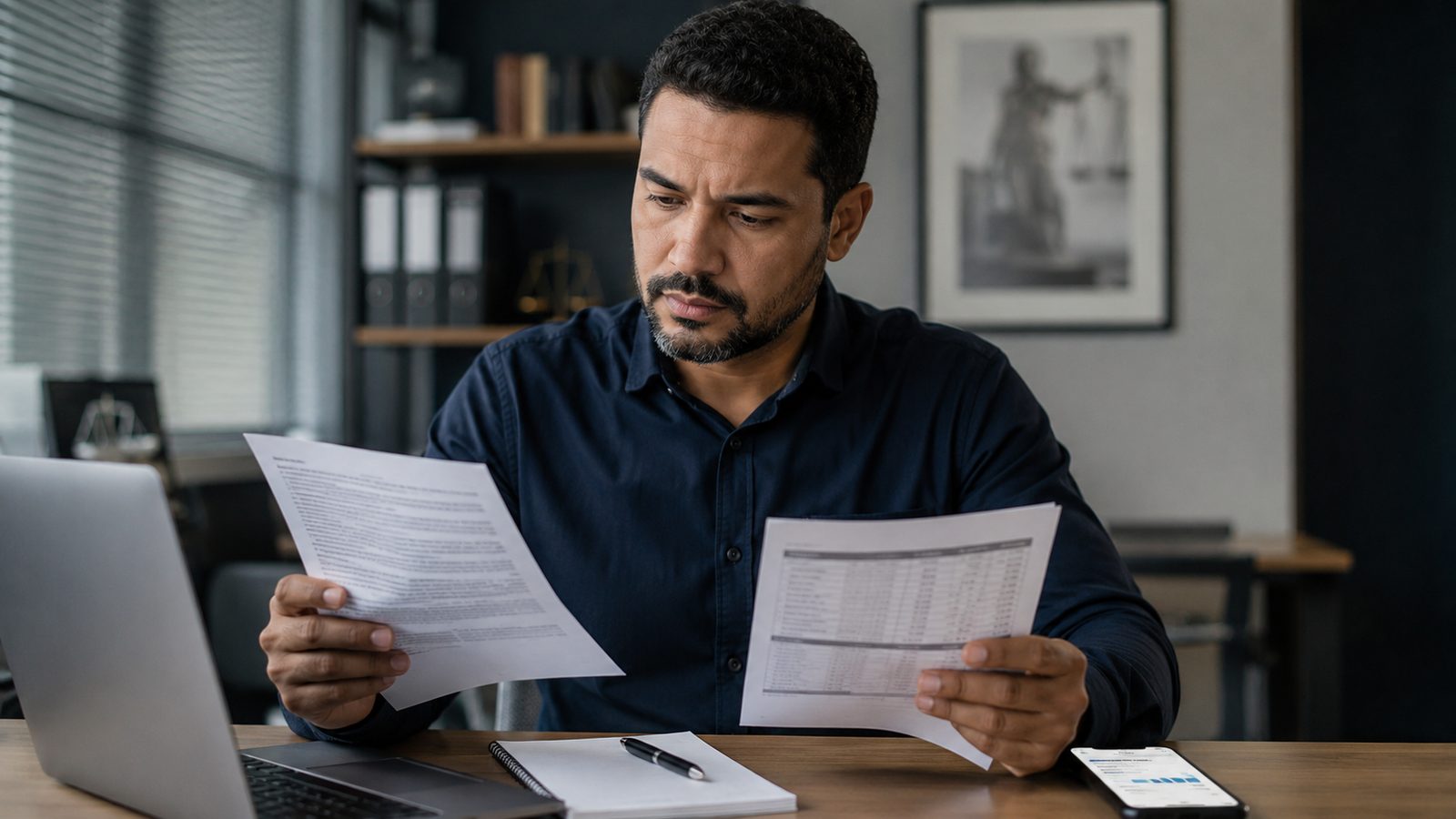 Trabalhador analisando contrato de empréstimo CLT, holerite e documentos financeiros